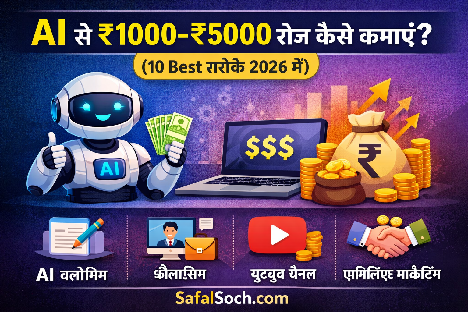 AI se ₹1000–₹5000 roz kaise kamaye 2026 best AI earning methods – SafalSoch.com