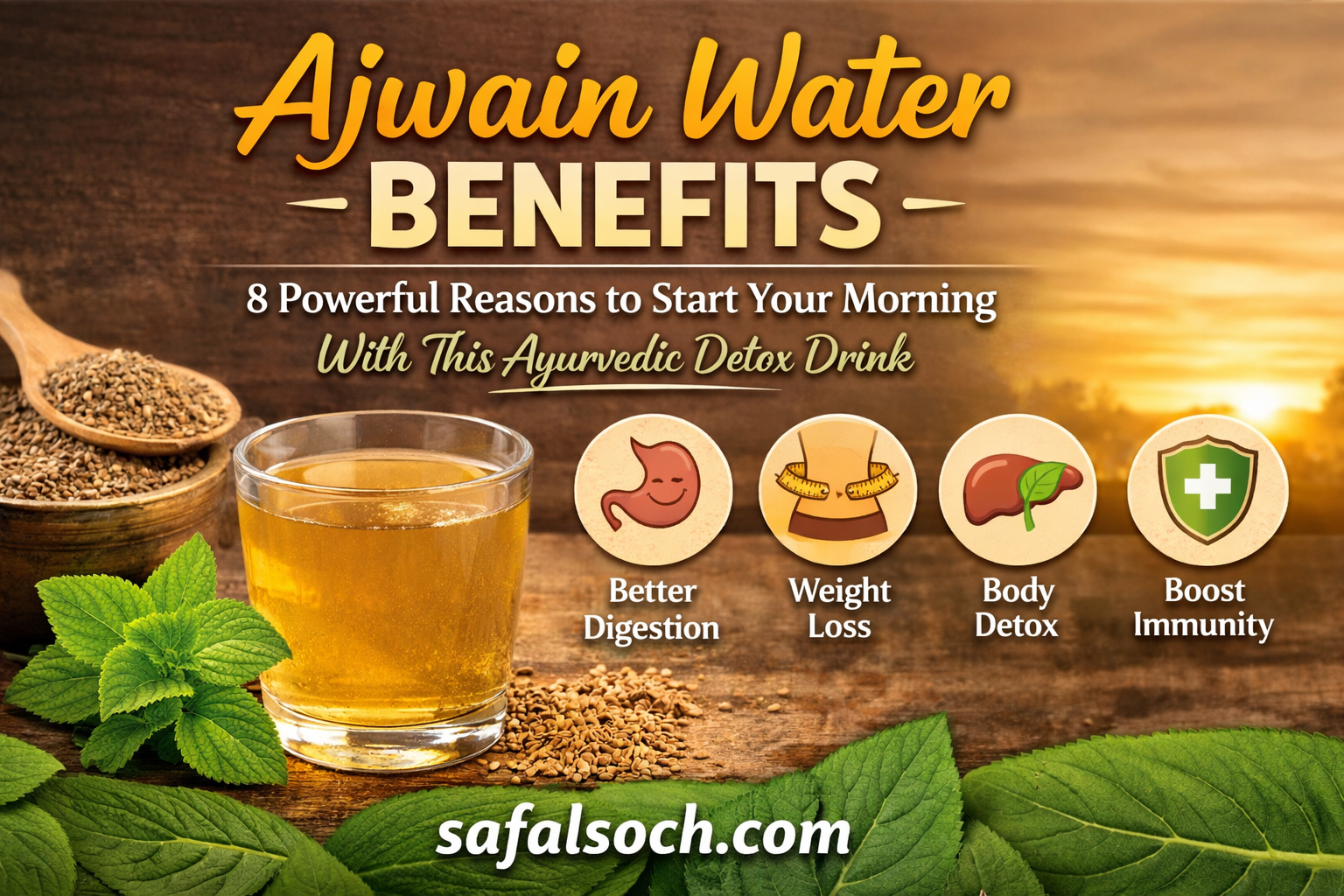 Ajwain Water Benefits featured image showing detox drink glass with health benefits and safalsoch.com