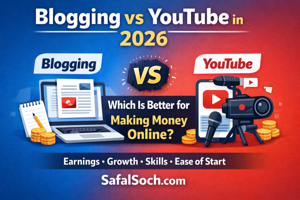 Blogging vs YouTube in 2026 comparison image showing which platform is better for making money online – SafalSoch.com