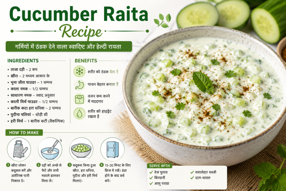 Cucumber Raita Recipe in Hindi – गर्मियों में ठंडक देने वाला स्वादिष्ट और हेल्दी खीरे का रायता recipe image with ingredients and benefits.