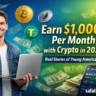 Young American earning $1,000+ per month with crypto in 2026, laptop, crypto symbols, safalsoch.com