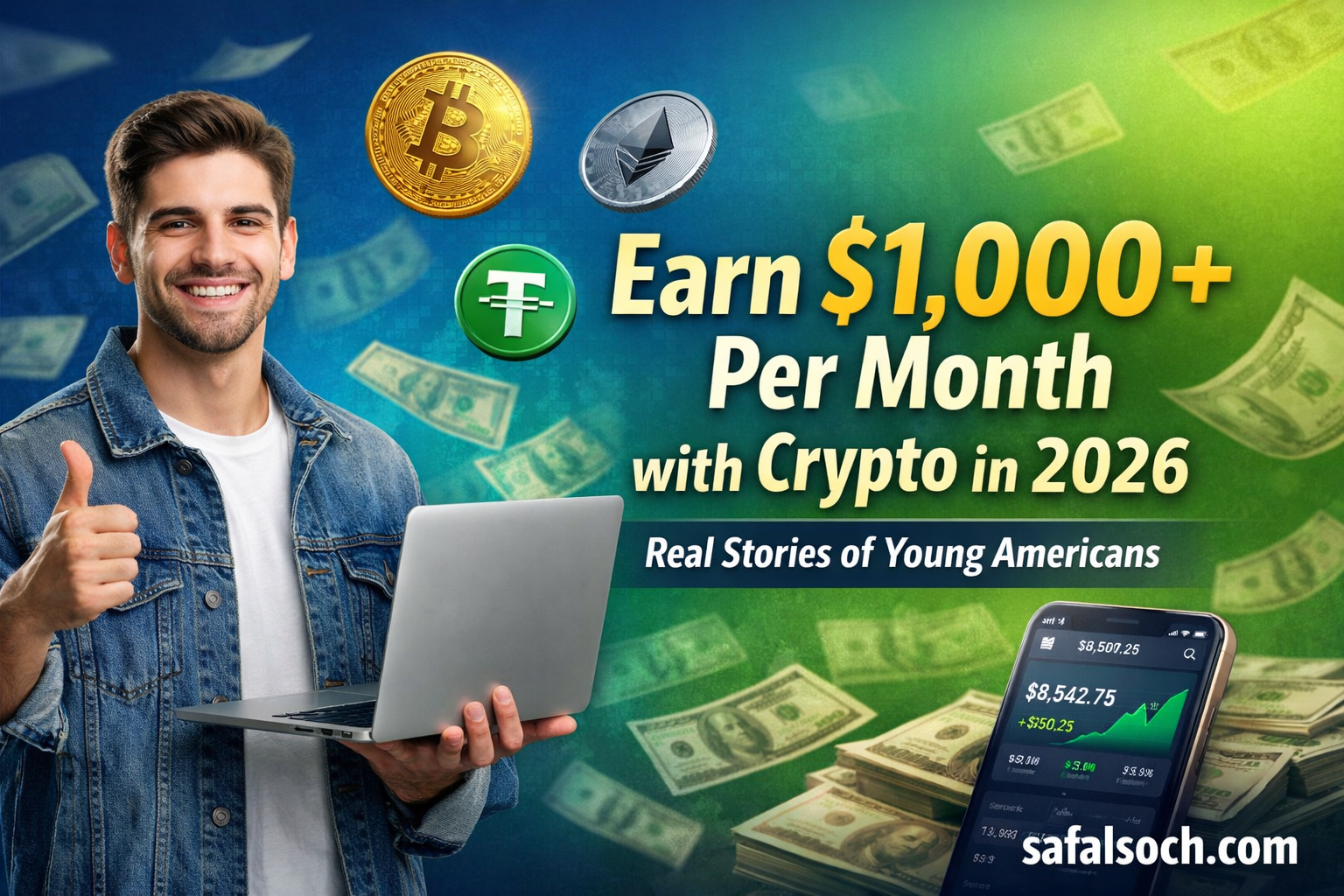 Young American earning $1,000+ per month with crypto in 2026, laptop, crypto symbols, safalsoch.com