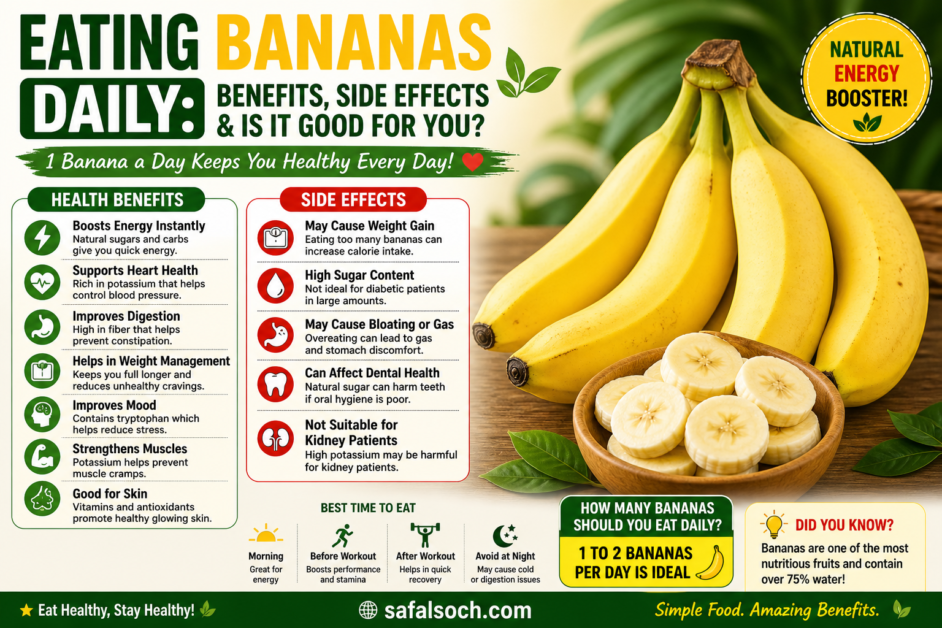 Eating bananas daily benefits and side effects for health explained by safalsoch.com