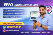 EPFO online service 2026 banner showing PF withdrawal, KYC update help with contact number 9898108938 and Instagram selfreliant503