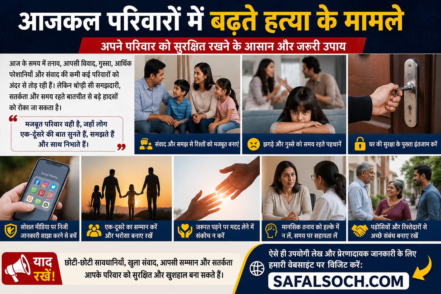 आजकल परिवारों में बढ़ते हत्या के मामलों से बचाव के लिए परिवार की सुरक्षा, आपसी संवाद, सतर्कता और सुरक्षा उपायों की जानकारी | SafalSoch.com