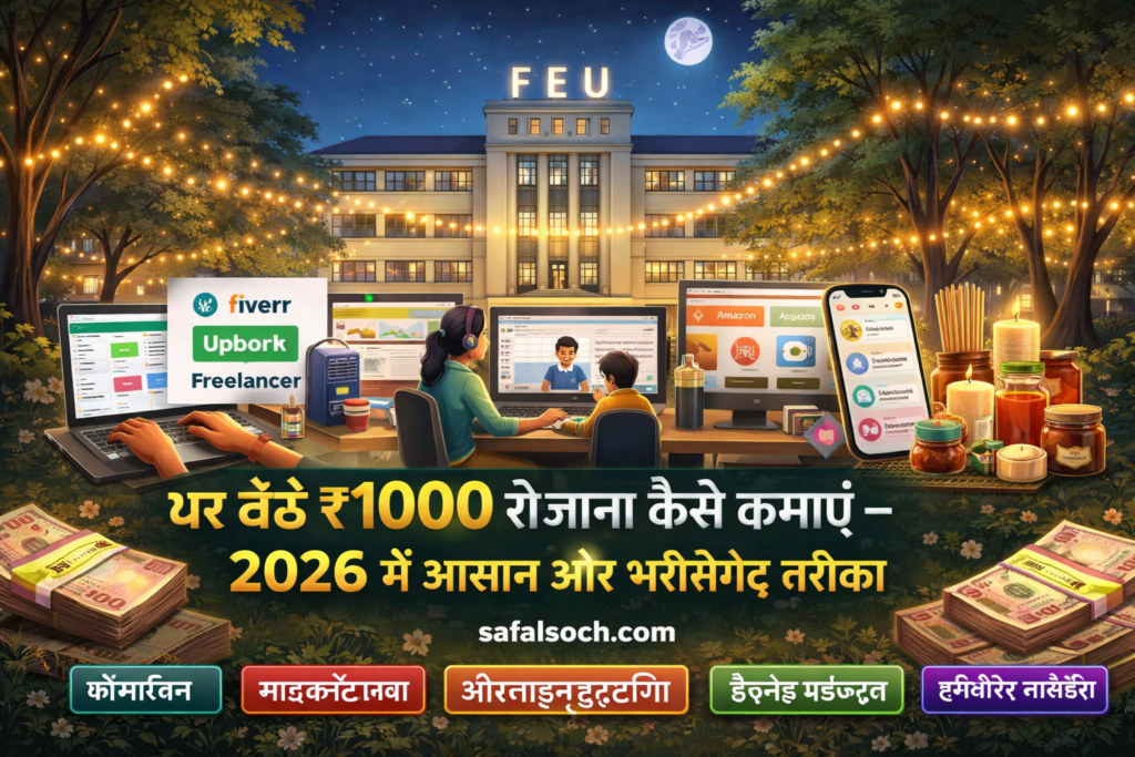 घर बैठे ₹1000 रोजाना कैसे कमाएं 2026 में आसान और भरोसेमंद तरीका, ऑनलाइन कमाई के तरीके जैसे फ्रीलांसिंग, माइक्रोटास्क, ट्यूटरिंग, हैंडमेड प्रोडक्ट और एफिलिएट मार्केटिंग