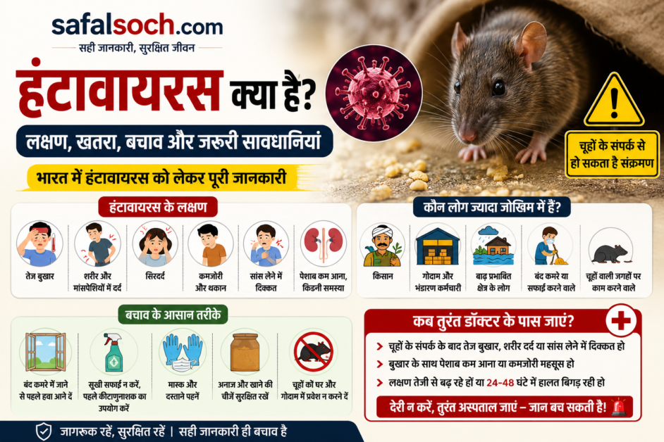 भारत में हंटावायरस जागरूकता पोस्टर जिसमें चूहों से फैलने वाले वायरस के लक्षण, खतरे, बचाव के तरीके और सावधानियों की जानकारी दी गई है | Safalsoch.com health awareness featured image