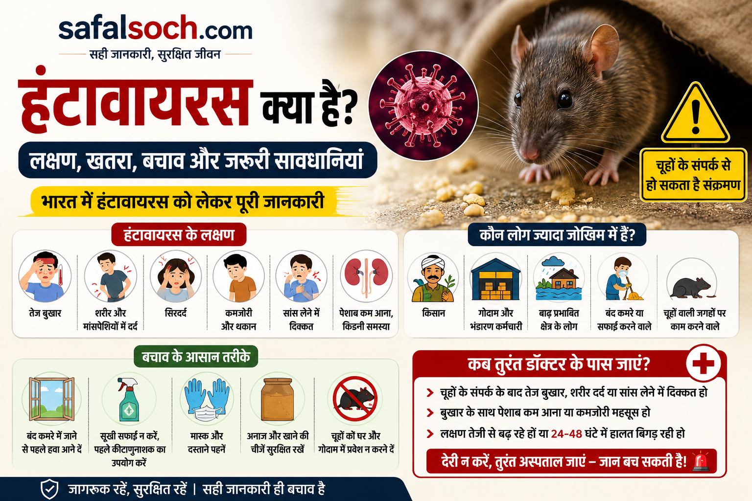 भारत में हंटावायरस जागरूकता पोस्टर जिसमें चूहों से फैलने वाले वायरस के लक्षण, खतरे, बचाव के तरीके और सावधानियों की जानकारी दी गई है | Safalsoch.com health awareness featured image