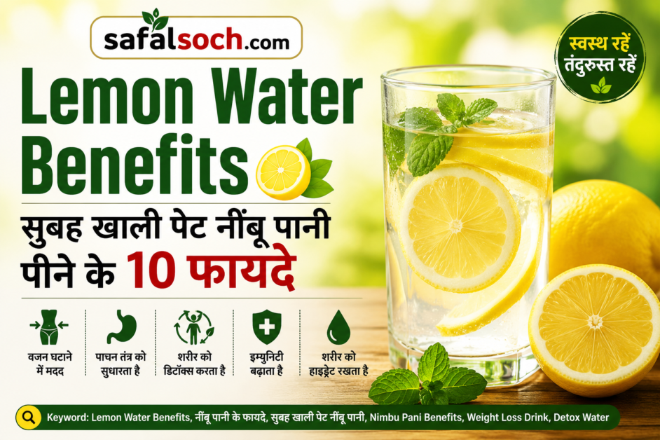 सुबह खाली पेट नींबू पानी पीने के 10 फायदे - Lemon Water Benefits in Hindi, वजन घटाने, पाचन सुधारने, इम्युनिटी बढ़ाने और शरीर को हाइड्रेट रखने में मदद।