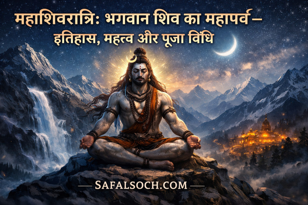 Lord Shiva meditating on a Himalayan peak at night-safalsoch,com