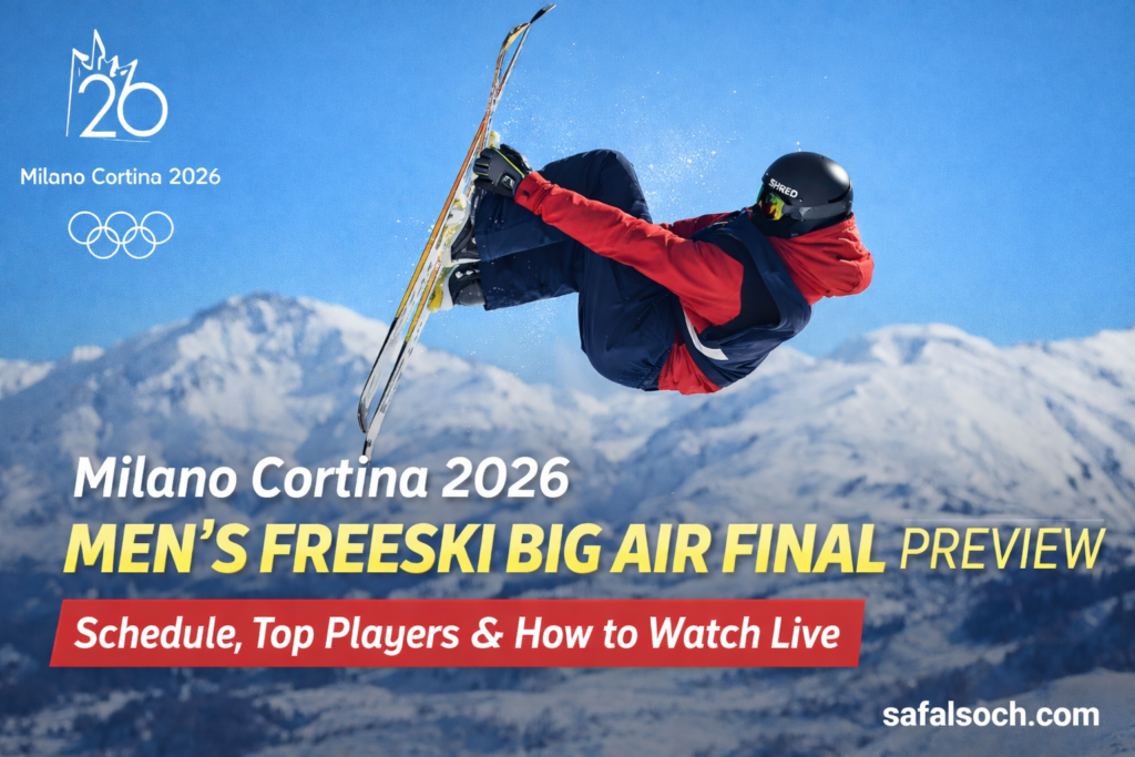 Men’s Freeski Big Air Final at Milano Cortina 2026 with skier performing aerial trick at Livigno Snow Park and safalsoch.com branding
