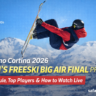 Men’s Freeski Big Air Final at Milano Cortina 2026 with skier performing aerial trick at Livigno Snow Park and safalsoch.com branding