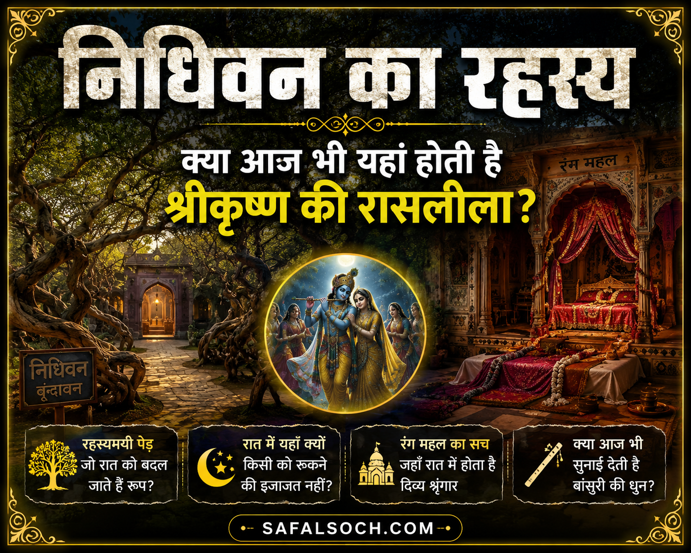 निधिवन का रहस्य फीचर इमेज जिसमें वृंदावन का निधिवन, रंग महल और श्रीकृष्ण रासलीला की रहस्यमयी झलक दिखाई गई है।