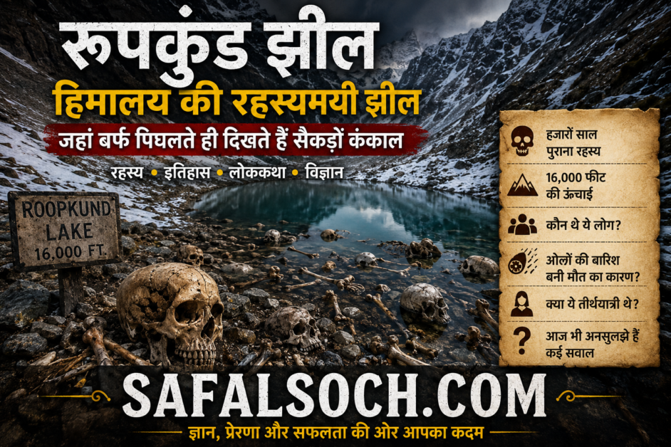 Roopkund Lake mystery featured image showing human skeletons near the frozen Himalayan lake in Uttarakhand with Hindi title and SAFALSOCH.COM branding