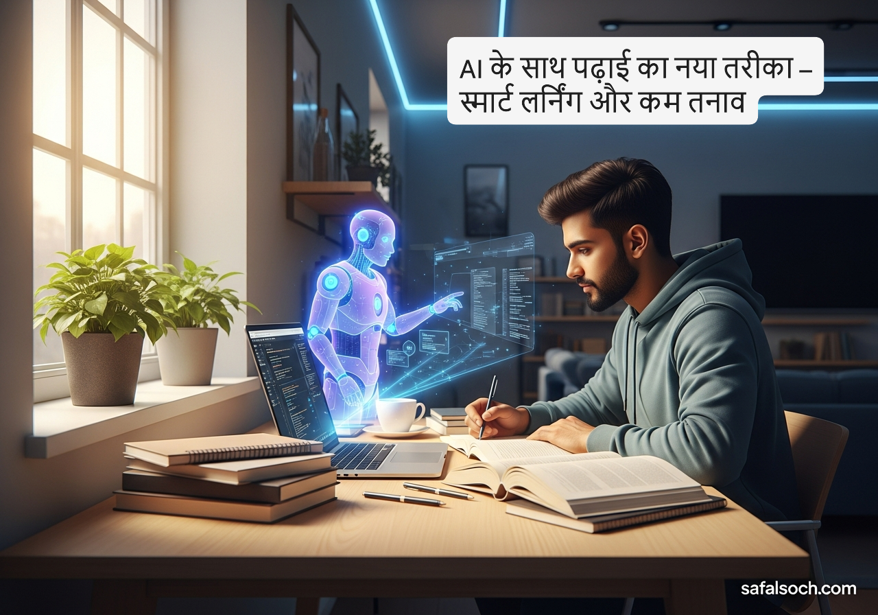AI के साथ पढ़ाई करता हुआ भारतीय छात्र