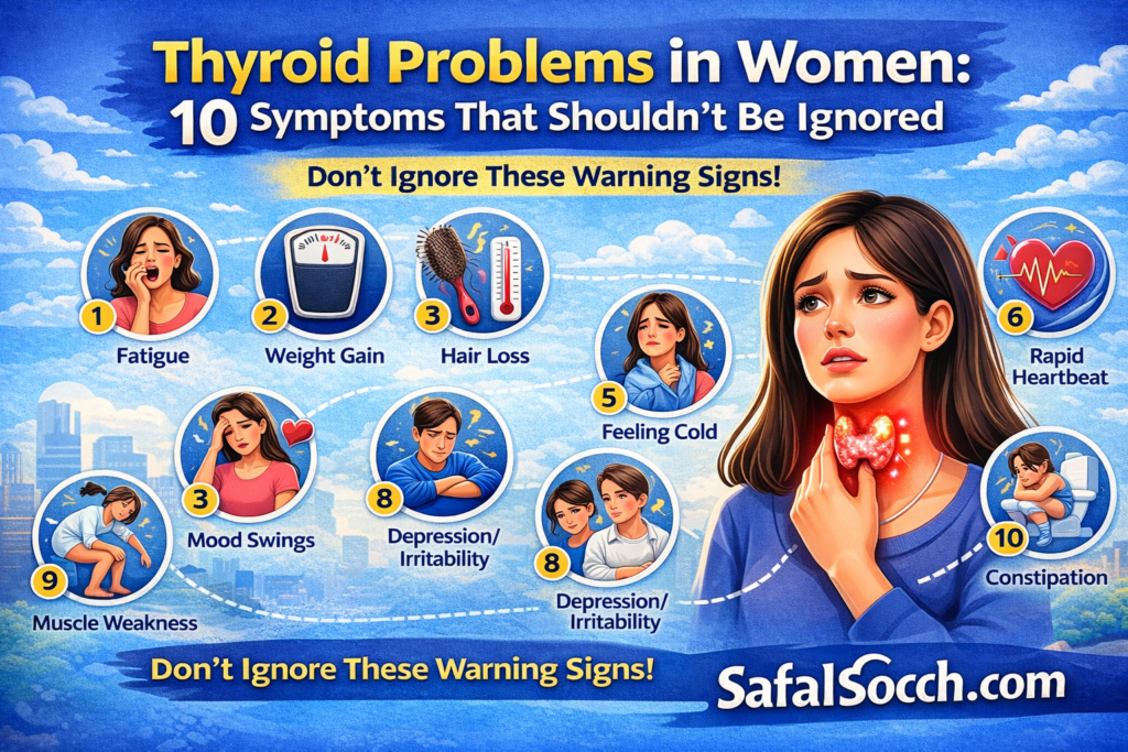 Thyroid problems in women showing 10 warning signs including fatigue, weight gain, hair loss, mood swings, rapid heartbeat and constipation with SafalSoch.com branding.