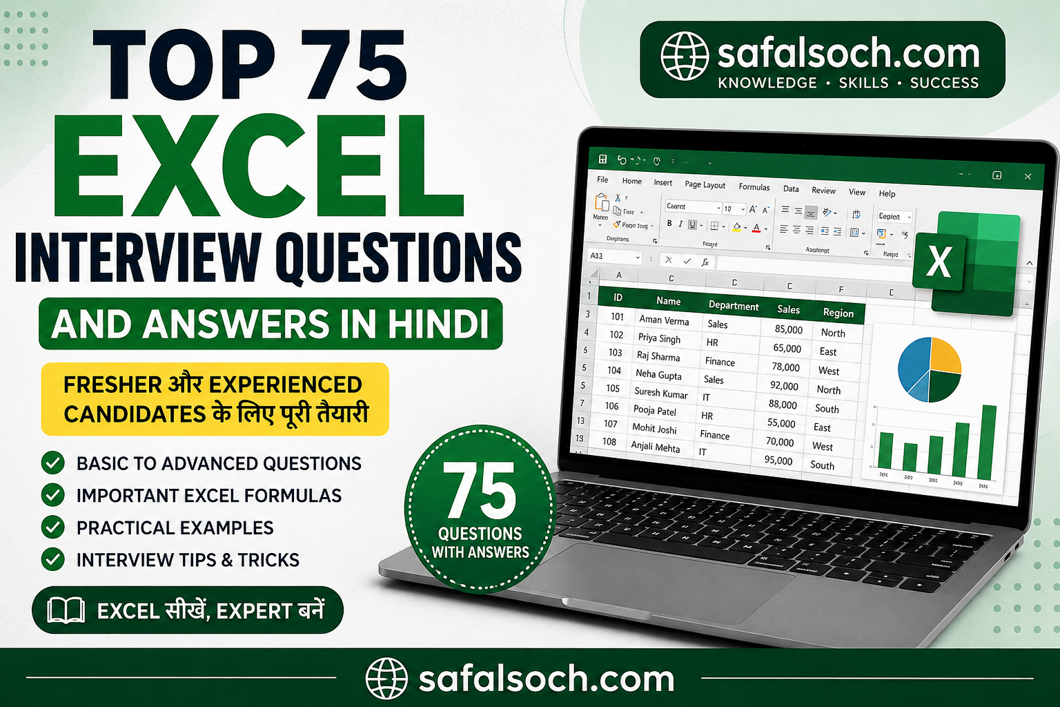 Top 75 Excel Interview Questions and Answers in Hindi for Freshers and Experienced Candidates with Practical Excel Test Examples